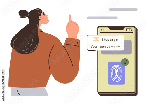 Woman pointing near mobile phone with fingerprint scanner, SMS code popup. Ideal for identity verification, cybersecurity, online banking, data protection, technology, access control, simple flat