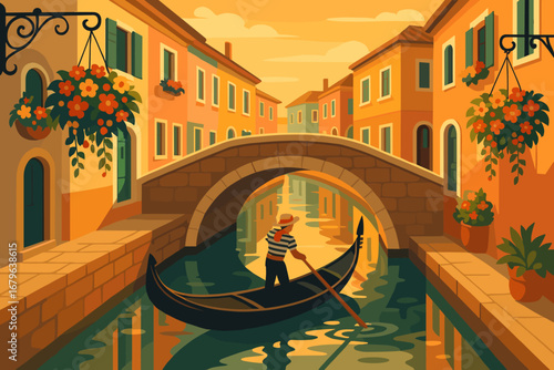 Illustration of a gondolier rowing through a picturesque canal in Venice at sunset with colorful buildings and a stone bridge