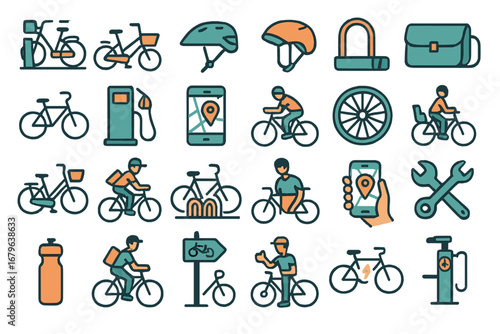 Bicycle and cycling icon set featuring bike rentals, riders, gear, tools, navigation apps, and cycling infrastructure