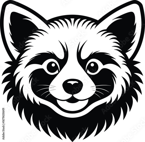 Vector art of a friendly black and white illustration of a raccoons face with wide eyes and a slight smile, isolated on a