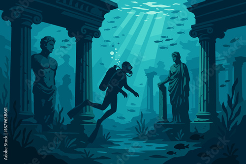 Scuba diver exploring underwater ancient ruins with classical statues and sun rays through ocean water