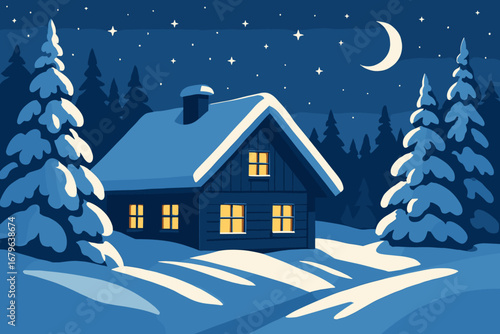 Cozy winter cabin in snowy forest at night with crescent moon and glowing windows, peaceful holiday illustration