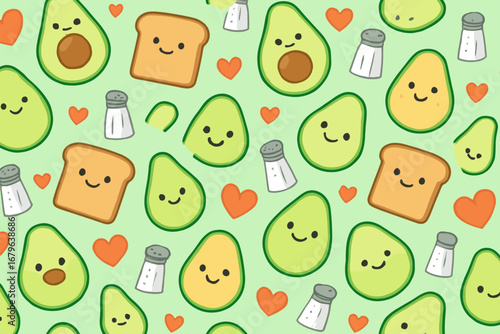 Seamless cute avocado toast pattern with smiling faces, hearts, and salt shakers on green background, kawaii food illustration