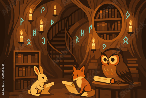 Magical forest library with owl, fox, and rabbit reading scrolls under candlelight, surrounded by glowing runes and bookshelves