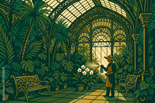 Illustration of Gardener Watering Flowers in Ornate Greenhouse Conservatory