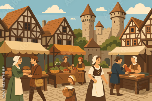 Medieval Village Market Scene with People Trading Goods in Front of Half-Timbered Houses and Stone Castle