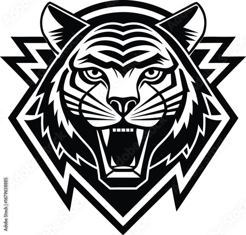 Vector art of fierce tiger head roaring with bared teeth, tribal geometric pattern background, aggressive wild cat, black and white graphic