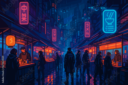 Futuristic neon-lit Asian street market at night with silhouettes, food stalls, and flying drones in cyberpunk cityscape