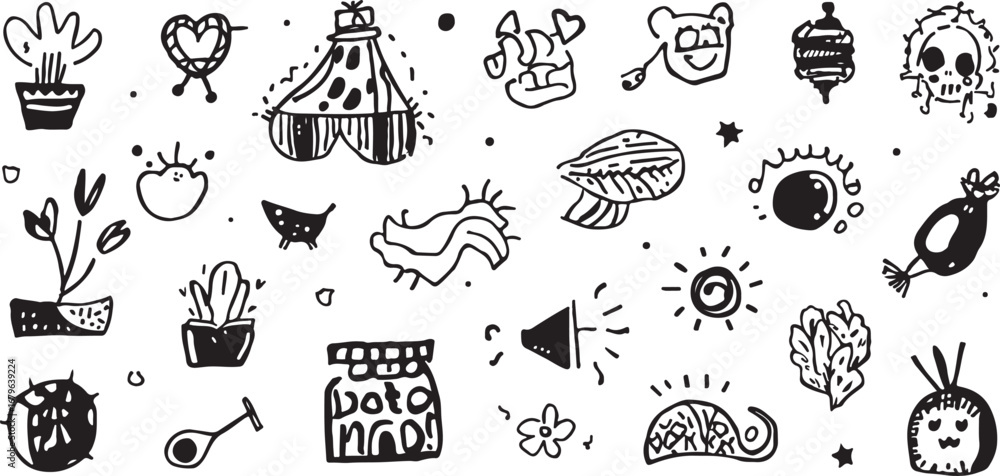 Fototapeta premium Hand Drawn Doodle Illustration of Various Objects and Shapes in Black and White Minimalist Style for Designs and Creative Projects