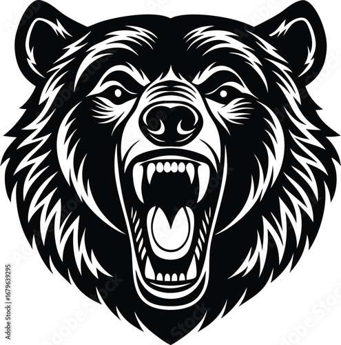 Vector art of fierce black and white illustration of a roaring bears head, , conveying power and aggression