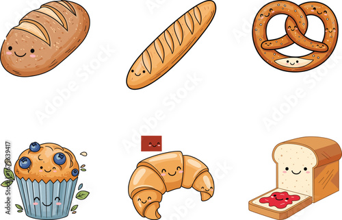 Cute cartoon bakery characters, smiling bread, happy muffin, cheerful croissant, kawaii pretzel, adorable baked goods, vector food illustration, kids design, fun snack art