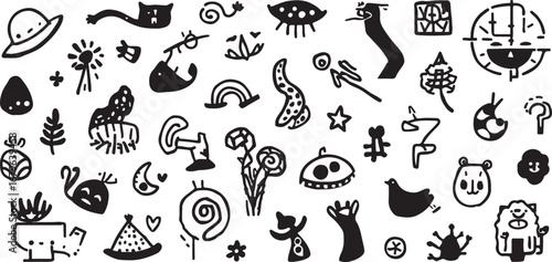 Playful Black and White Doodle Pattern featuring Whimsical Animals Objects and Abstract Shapes in a Creative Arrangement