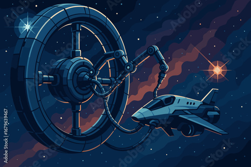 Spacecraft traveling towards a futuristic space station in the dark cosmos with vibrant starry backdrop