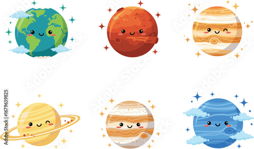 Cute cartoon planets, smiling solar system characters, Earth Mars Jupiter Saturn Neptune, educational space illustration, kids astronomy design, vector clipart