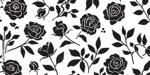 Elegant Black and White Floral Pattern with Roses and Leaves a Seamless Botanical Design for Fabrics and Backgrounds