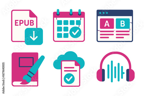 Digital tools for reading and content creation featuring Epub files, calendars, documents, and audio resources for learning