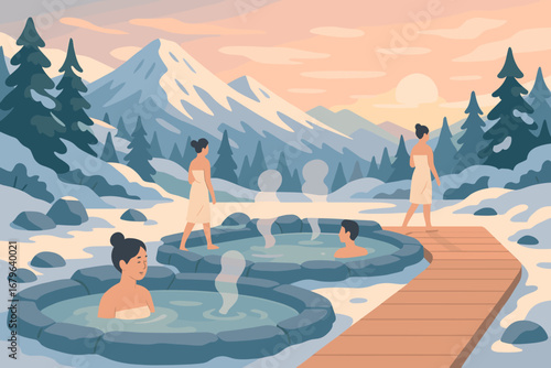 Relaxing in hot springs surrounded by mountains and forests during sunset creates a serene atmosphere for rejuvenation and peace
