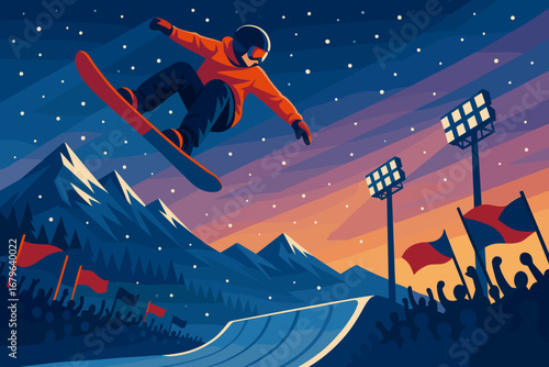 Snowboarder performing tricks at night in a mountainous terrain during a winter sports event