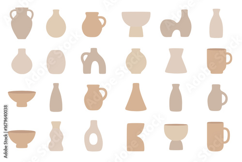 Artistic collection of minimalist ceramic pottery in neutral tones displayed on a clean background