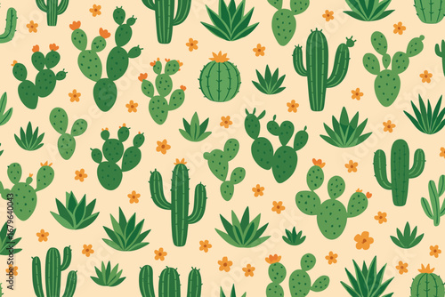 Colorful cactus pattern showcasing various species with vibrant flowers on a light background