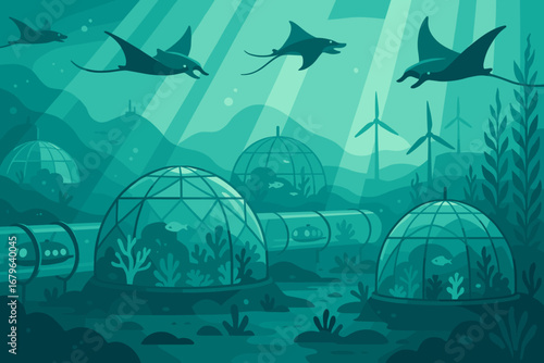 Underwater ecosystem features rays swimming above futuristic aquaculture structures in a serene ocean setting