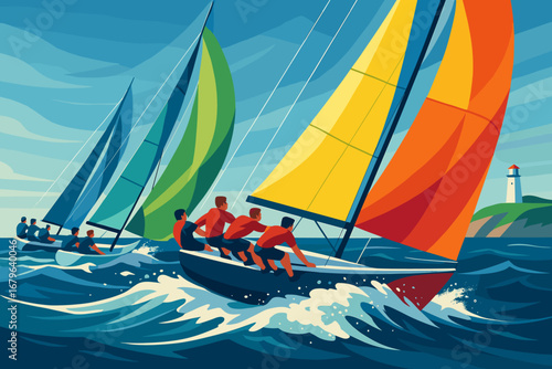 Sailors compete in a vibrant regatta near a lighthouse on a sunny day with colorful sails billowing