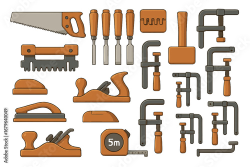 Collection of various woodworking tools arranged on a white background for DIY projects and craftsmanship