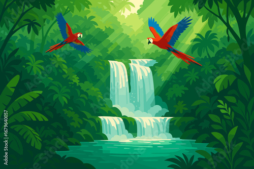 Colorful parrots soar over a lush rainforest waterfall in a vibrant natural setting