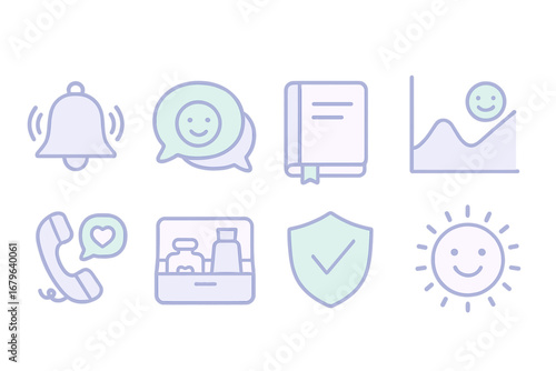 Icons representing various aspects of communication, safety, and emotional well-being in a digital format
