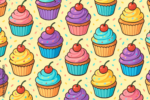 Colorful cupcakes with sprinkles and cherries on a light background for a festive celebration