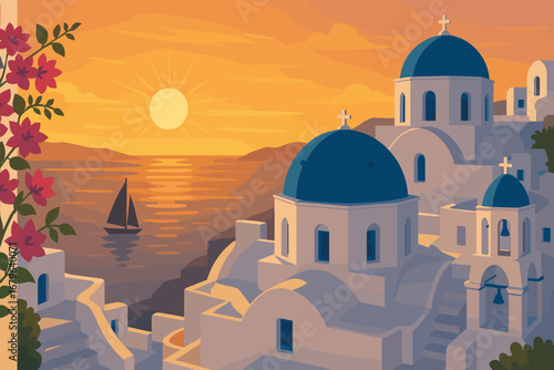 Sunset over the whitewashed buildings and blue domes of a Greek island with a sailboat on the horizon