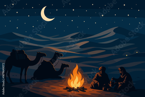 Desert travelers gather around a campfire under the starry night sky near sand dunes with camels resting nearby