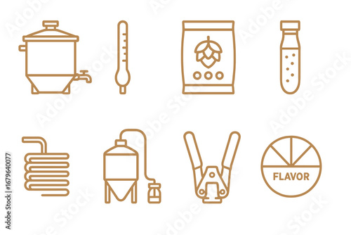 Brewing equipment icons illustrating the beer production process, from fermentation to flavor analysis