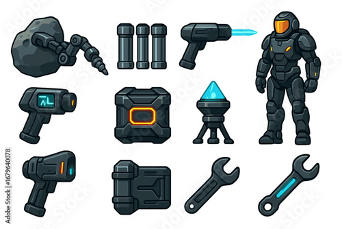 Futuristic space gear and tools laid out for exploration and discovery on a distant planet