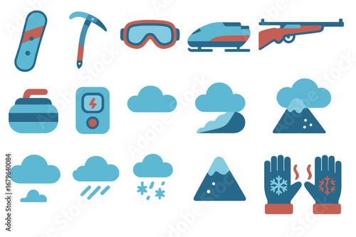 Winter sports equipment and weather symbols for cold mountain activities and explorations