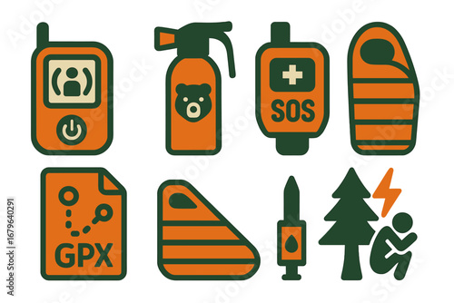 Safety equipment icons for outdoor adventures including navigation and emergency tools