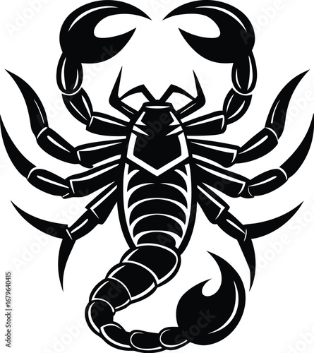 Vector art of stylized black and white graphic of a scorpion