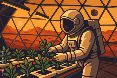 Astronaut tending plants in Mars greenhouse habitat with panoramic view of red planet landscape, futuristic space farming illustration