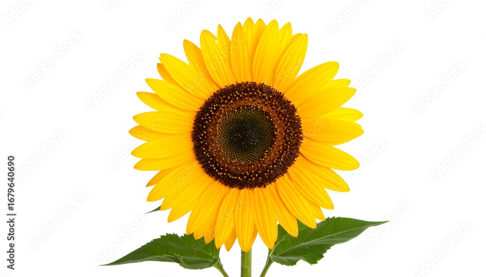 Fototapeta premium A vibrant sunflower with bright yellow petals and a dark brown center stands tall against a clean white background, showcasing its natural beauty.