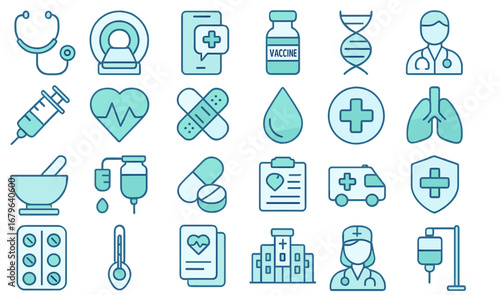 Collection of Modern Medical and Healthcare Icons Featuring Hospital, Doctor, and Treatment Symbols on Blue Background