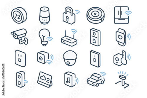 Variety of smart home devices arranged in a grid showcasing technological advancements for convenience and security