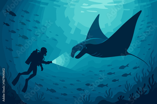 Diver exploring underwater world encounters majestic manta ray in a serene ocean setting at night