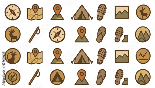 Collection of outdoor adventure icons depicting camping, hiking, and nature exploration elements in a minimalist style