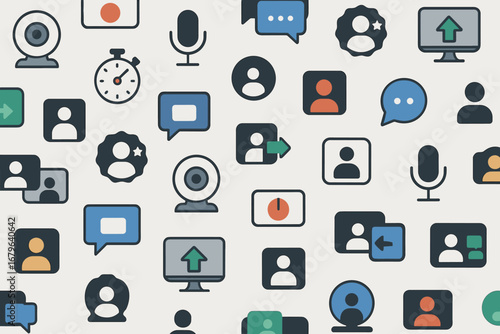 Digital communication icons representing online meetings and virtual interactions in a seamless pattern design