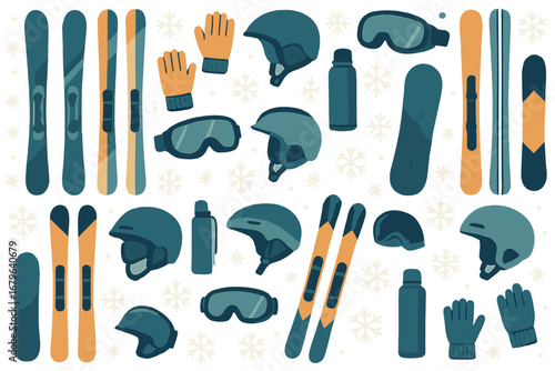 Collection of winter sports gear including skis, helmets, and gloves arranged on a snowy background in a playful layout
