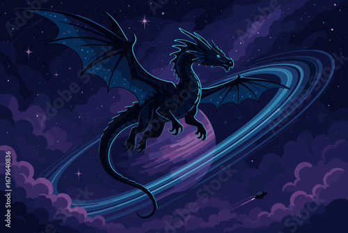 Night sky features a majestic black dragon soaring near colorful rings of a distant planet