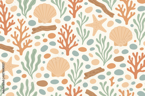 Colorful pattern of sea elements featuring shells, coral, and seaweed against a light background
