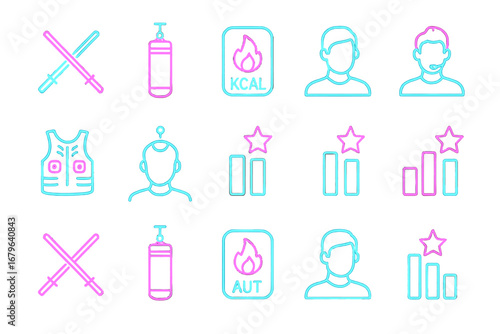 Unique fitness icon set featuring sports equipment, health metrics, and training elements designed for a modern gym environment