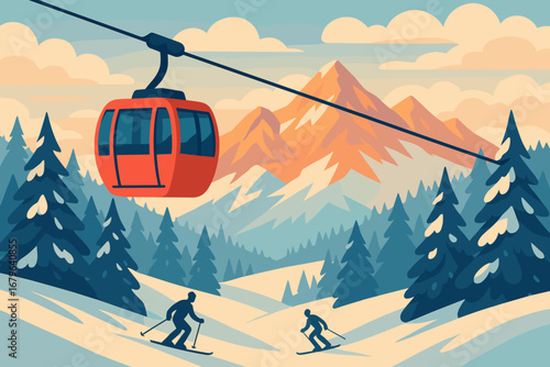 Cable car gliding over snowy slopes with skiers enjoying a winter day in the mountains