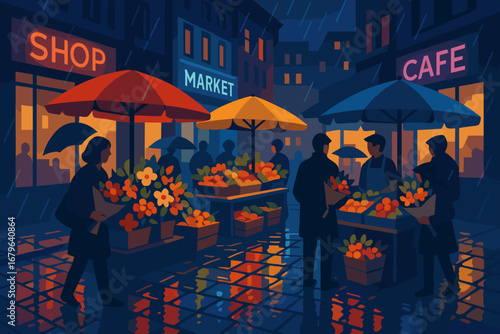 Colorful night market scene with umbrellas and flower vendors under rain